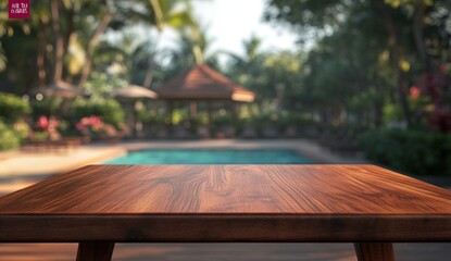 Empty wooden table in front of blurred tropical resort pool.