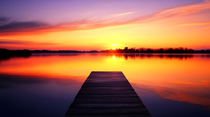 Obraz premium Golden Sunset Over Tranquil Lake with Silhouetted Trees and Wooden Pier Reflection
