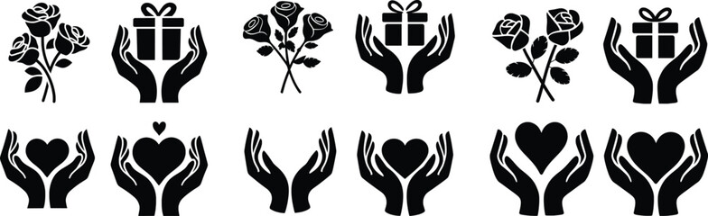 Fototapeta premium Love and Care Icon Set, Hands, Hearts, Gifts, and Roses
