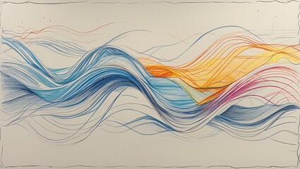 Pencil Drawing of Colorful Wavy Lines on Paper. Blue, Orange, Yellow and Pink Curved Strokes Flow Across Page. Line Art Abstract Background