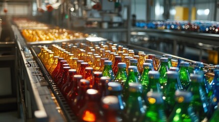 Bottles Are Being Processed on an Industrial Conveyor Belt System