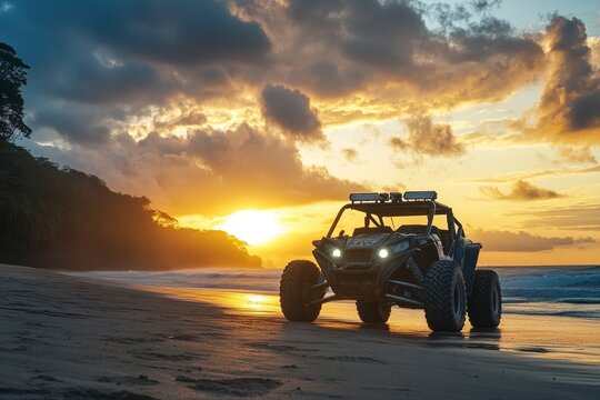 Beach buggy sunset adventure ocean dramatic scenery.