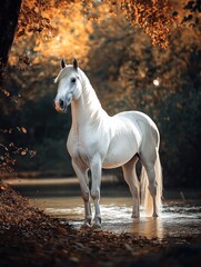Obraz premium Majestic White Horse in Autumn Woods - A stunning white horse stands gracefully in a shallow stream, surrounded by the warm hues of autumn foliage. The scene is serene and peaceful