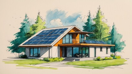 Obraz premium Modern White House with Blue Solar Panels on Roof, Surrounded by Green Trees, Ink Sketch Style