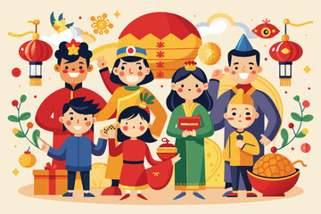 Families gather in traditional attire to celebrate Chinese New Year, surrounded by decorations and joy, People celebrating chinese new year Customizable Flat Illustration