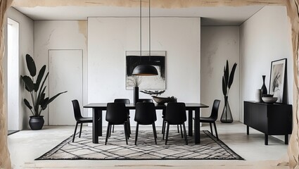 Dining room interior design with black table, chairs and decorative elements. Modern style room with beige walls and geometric rug.