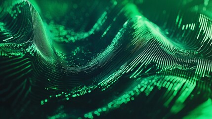 Abstract green wavy background with luminous dots and lines forming a digital landscape