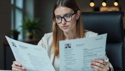 Woman comparing multiple résumés side by side with a thoughtful expression at an office table