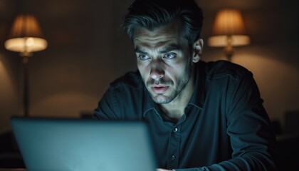 Man looking nervous about résumé errors with a worried expression in a dimly lit room