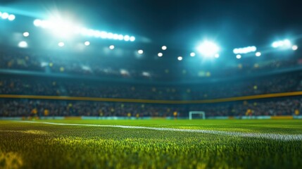 A soccer field lit by stadium lights at night