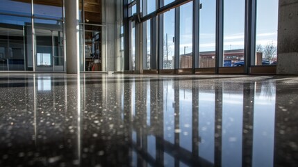 Polished floor reflecting interior architecture and outside environment