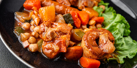 Ragout meat, sausages, vegetables stew dish fresh tasty food delicious gourmet food background on...