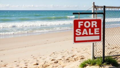 "For Sale" sign on sandy beach under sunny sky, coastal opportunity