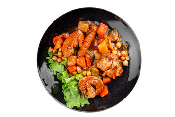 Ragout meat, sausages, vegetables stew dish fresh tasty food delicious gourmet food background on the table rustic food top view copy space