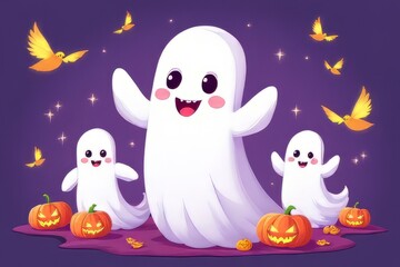 Obraz premium Cute Halloween Ghosts with Pumpkins and Birds - Spooky Cartoon Characters