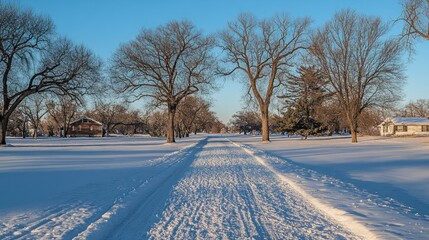 Obraz premium A snow covered road with trees and houses during winter season