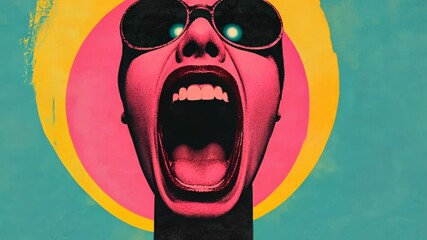 Surreal Art Collage of Audio Speaker as Screaming Mouth with Sunglasses Against Colorful Background for Creative Design Trends in Music and Fashion Illustration - Powered by Adobe