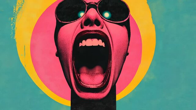 Surreal Art Collage of Audio Speaker as Screaming Mouth with Sunglasses Against Colorful Background for Creative Design Trends in Music and Fashion Illustration
