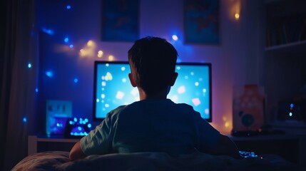 Nighttime Screen Time: A Child's World - A child engrossed in a screen, symbolizing technology's impact, late-night habits, entertainment, childhood curiosity, and screen addiction