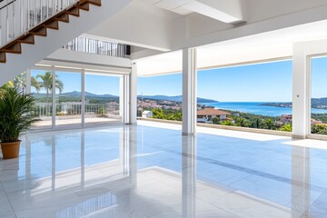 Fototapeta premium Luxurious modern interior with panoramic sea views on a bright sunny day