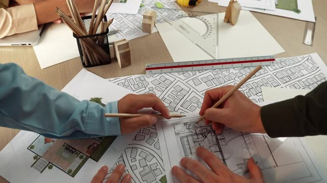 Smart architect and safety engineer discussion about building blueprint on table with architectural document, measurement tools and wooden block scatter around at modern office. Closeup. Delineation.