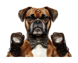 Stylish boxer dog showing determination with leather gloves and plaid bowtie for a playful pet-themed concept, cut out