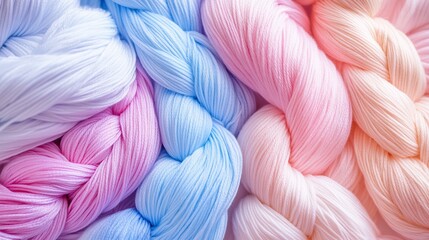 Close up of pastel color yarn,  white,  blue, pink, peach, braided together in various textures and patterns