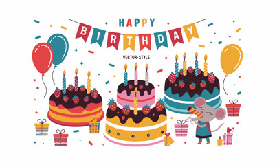 Modern vector-style 'Happy Birthday' illustration featuring, a collection of colorful birthday cakes  ,easily editable, 