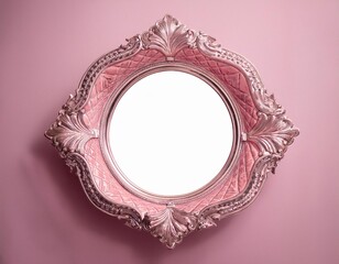Elegant pink decorative mirror with ornate frame against a light pink wall, mockup
