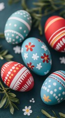 Fototapeta premium Easter Holiday, Easter Concept, Decorated Easter Eggs Red and Blue Painted Eggs Spring Holiday Festive Background
