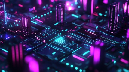 Obraz premium Futuristic neon city with buildings and circuit board designs