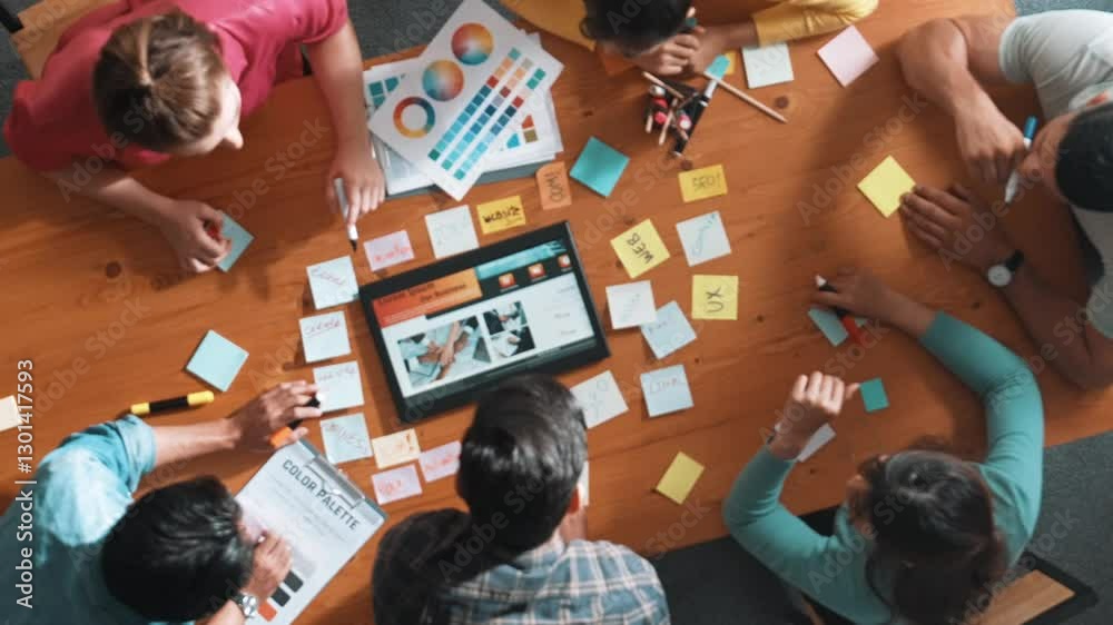 Poster top view of business people working together to design web design. aerial view of designer brainstor