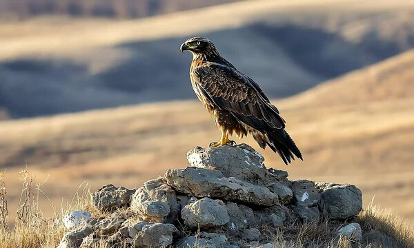 Juvenile bonelli's eagle perched on rock pile