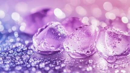 Several crystalline ice cubes sit surrounded by water droplets closely