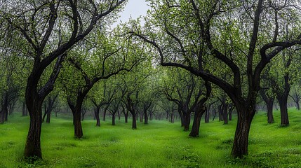 Fototapeta premium Misty Morning in an Orchard: Lush Green Meadow and Ancient Trees AI Generated