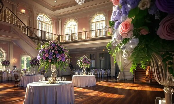 Grand Ballroom Wedding Reception: Lavish Floral Arrangements and Elegant Decor