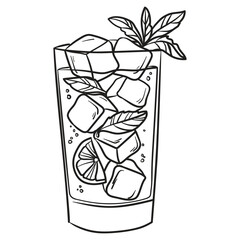 Hand drawn vector drawing of tropical drink with mint, lemon and ice. Italian Dolce vita summer element in sketch style. Doodle black illustration for menu, party, invitation.	