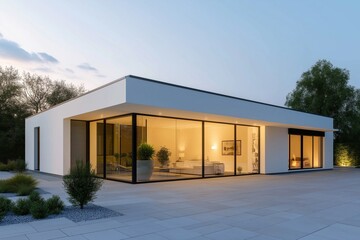 Fototapeta premium A large white house with a glass front and a large window. The house is empty and has a modern design
