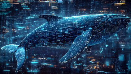 Futuristic blue humpback whale composed of digital circuit patterns and technology elements floating in a cybernetic space with data visualization and financial charts background