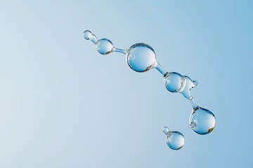 A series of water droplets are suspended in the air, creating a sense of weightlessness and fluidity. The image evokes a feeling of calm and serenity