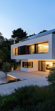 Fototapeta A large white house with a black roof and a black fence. The house is surrounded by trees and bushes