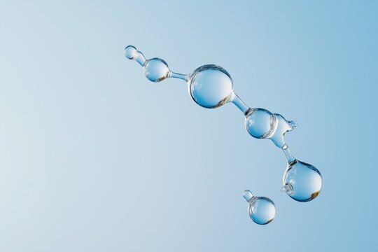 A series of water droplets are suspended in the air, creating a sense of weightlessness and fluidity. The image evokes a feeling of calm and serenity