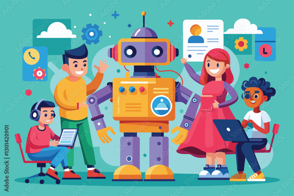Poster a group of individuals enthusiastically customizes a robot while collaborating with cartoon characte