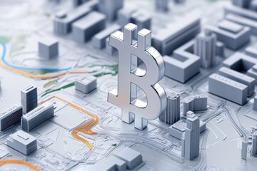 Bitcoin symbol stands prominently in a detailed cityscape model showcasing the intersection of finance and urban architecture
