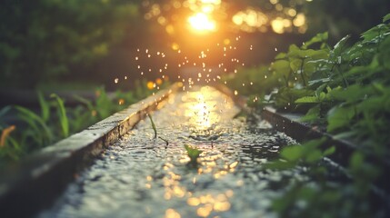 Water flowing in a shallow man made channel in a garden