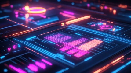 Futuristic digital displays showing electronic data with bright neon colors