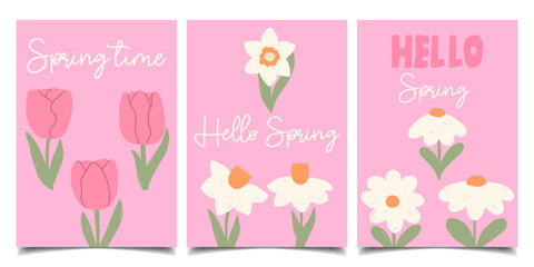 Set of spring greeting cards with hand drawn flowers
