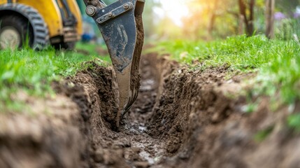 Fototapeta premium Excavator Digging Trench in Natural Outdoor Setting