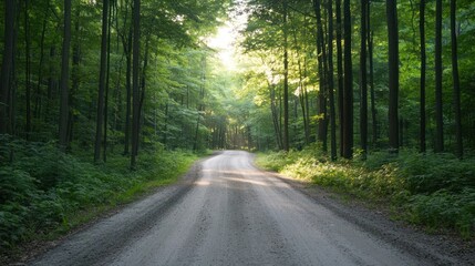 Obraz premium Forest road stretching into the distance surrounded by trees and nature