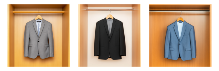 Stylish Suit Jackets in Organized Wooden Closet Isolated on transparent background